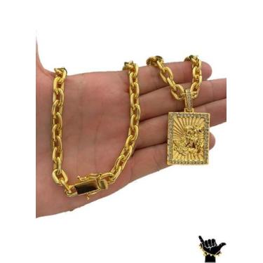 Imagem de Corrente Cadeado 10mm + Pingente São Jorge - Banhado a Ouro - ToJoia18