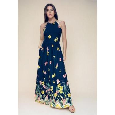 Imagem de Vestido Longo Jennifer Malha Trapézio com Bolso Floresce Azul - Amazon