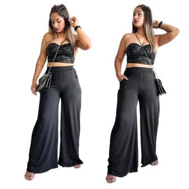 Imagem de Calça Pantalona Feminina Cintura Alta Elegante Malha Viscolycra Confor