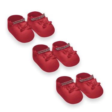 Imagem de Kit Com 3 Meias Sapatinho Bebê Recém Nascido Strass Selene, Vermelho, 