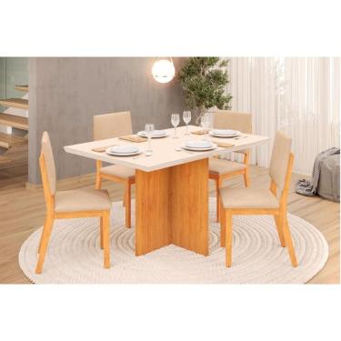 Imagem de Conjunto: Mesa Sala Jantar Italia c/ Tampo Madeirado c/ Vidro 120x90cm e 4 Cadeiras Talia Cedro/Off White - Suede Creme - DJ Móveis