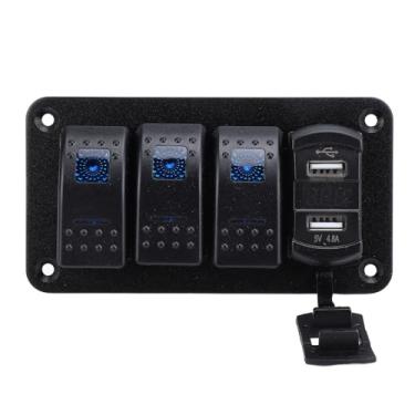 Imagem de Painel de Interruptor Rocker de 3 Gangues 12V / 24V Com Voltímetro Digital e Carregamento Rápido USB 4,8A para Barcos, Carros e Caminhões (Luz Azul)