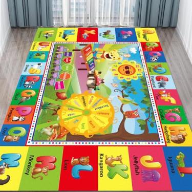 Imagem de yongjoy Tapete ABC, tapete de brincar ABC para sala de jogos infantil, tapete de alfabeto, tapetes pré-escolares de sala de aula com ABC, números, animais - (287 x 192 cm)