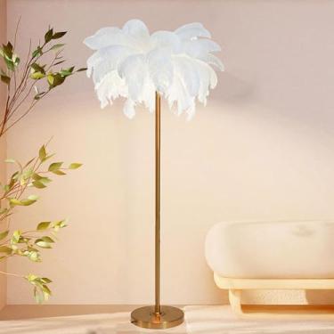 Imagem de Lâmpada de leitura de chão, luminária de chão moderna de penas de avestruz de luxo com abajur de penas, proteção para os olhos, lâmpada de canto alta regulável para escritório, sala de estudo