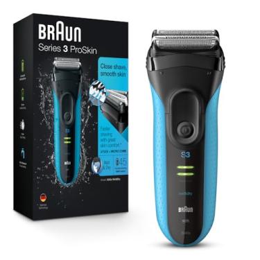 Imagem de Braun Barbeador elétrico série 3 com aparador de precisão, recarregável, lâmina úmida e seca para homens, azul/preto, 4 peças