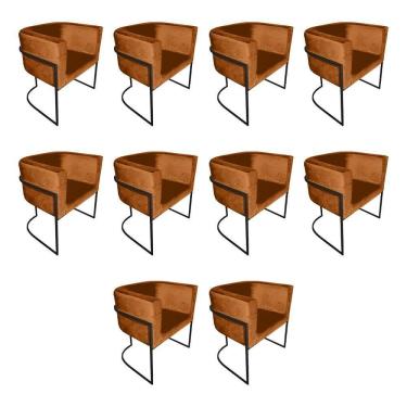 Imagem de Kit 10 Poltronas Decorativa Sala De Estar Base De Ferro Preta Veludo Terracota Laranja