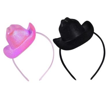 Imagem de Haakong 2 peças de chapéu de vaqueira rosa faixa de cabelo mini chapéu de cowboy preto para mulheres, acessórios de vaqueira ocidental, fantasia feminina, faixa de cabelo de Halloween, aniversário,