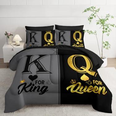 Imagem de Conjunto de edredom com coroa de rei e rainha, preto e cinza, conjunto de edredom para casal, 7 peças, para adultos, homens, mulheres, conjunto de cama para casal, 7 peças, decoração de casal, king