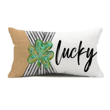 Imagem de Capa de almofada lombar Lucky Green Clover 30 x 50 cm, capa de almofada com listras pretas e brancas e design de planta verde, capa de almofada decorativa para sofá ou sofá