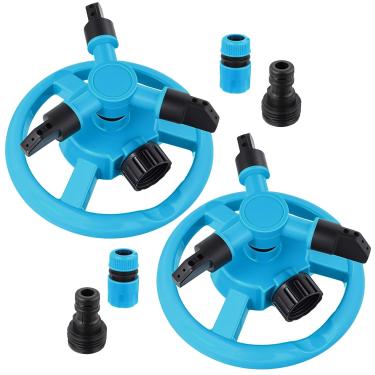 Imagem de Ninehaoou Pacote com 2 irrigadores de grama rotativos de 360 graus, sistema automático de irrigação de jardim para quintal e jardim, design de 3 braços com conector de 1/2 para irrigação eficiente