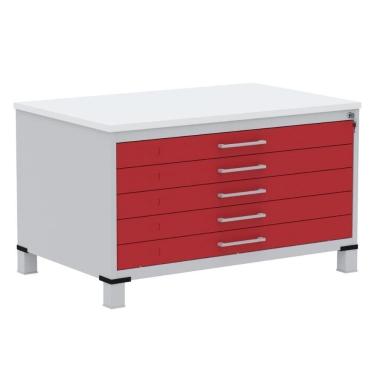 Imagem de Mapoteca 5 Gavetas Pandin 120cm (larg) Inmetro Tampo Mdp Branco Estrutura Aço Cinza Gaveta Vermelha