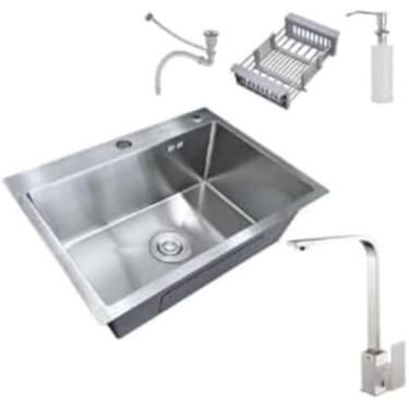 Imagem de Cuba Gourmet 60x45 de Cozinha Completa Com Acessórios Inox + Torneira Monocomando Gourmet Luxo Slim Em L Aço Inox Prata Brinovar