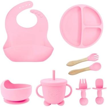 Imagem de Kit Introdução Alimentar Bebê 8 Peças Prato + Bowl Babador Copo + Tampa com Canudo + 2 Talheres + 2 Talheres Ponta Silicone Cabo de Madeira 100% Silicone Antitóxico Premium (Pink)