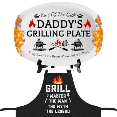 Imagem de Presente de avental para grelhar o dia dos pais, presente de prato de churrasco para o dia dos pais, prato de churrasco com conjunto de avental, presentes para papai da filha e filho para o dia dos