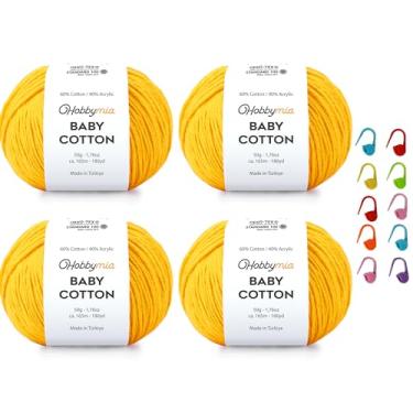 Imagem de HobbyMia Fio de algodão para bebês para crochê - 50 g / 180 m - (2) fio fino, esportivo - fio Amigurumi para linha de crochê - 60% algodão e 40% acrílico e 10 pontos (amarelo mostarda, 4 bolas)