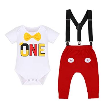 Imagem de Roupas formais de festa de primeiro aniversário para bebês meninos, fantasia de cake Smash para sessão de fotos, macacão masculino com gravata borboleta, suspensórios, botões brancos de 12 a 18 meses