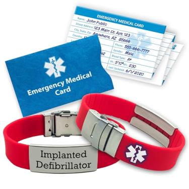 Imagem de Universal Medical Data Pulseira de alerta médico – Pulseira de alerta de emergência com identificação de desfibrilador implantado gravada para homens e mulheres, pulseira de silicone com placa de aço