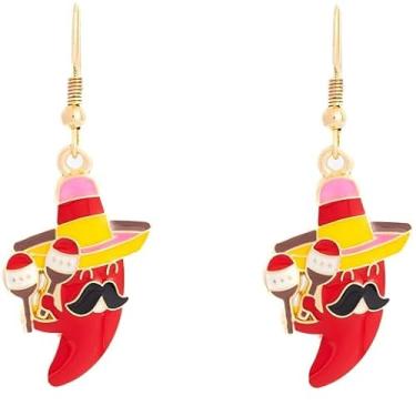Imagem de Brincos fofos Cinco de Mayo Esmalte Meatal Mexicano Pimenta Vermelha Pingente Sombrero Joias para Mulheres Pingentes de Natal Presentes, Medium, Metal, Sem pedra preciosa
