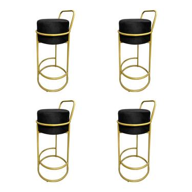 Imagem de Kit 4 Banquetas Alta Redonda Base Dourada Veludo - Preto