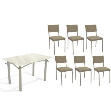 Imagem de Sala de Jantar Completa Elba Tampo Madeirado c/ Vidro 120cm e 6 Cadeiras Zaria Niquel/Off White - Boucle Bege - Kappesberg