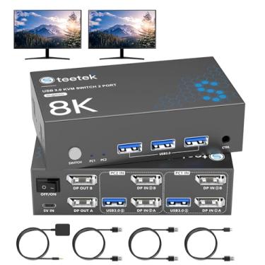 Imagem de Hearvo Switch Kvm 8K@60Hz, 2 Monitores, Computadores, Switches Usb 3.0 Displayport, Monitor Duplo 4K@120Hz Para 1 Conjunto De Teclado, Mouse, Impressora E Disco U Com Edid Adaptável, Cabos