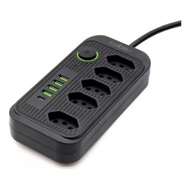 Imagem de Régua Extensora com 5 Tomadas, 4 Portas USB + Tipo-C, Proteção Inteligente, Cabo 1,9m, 2500W – Ideal para Casa e Escritório