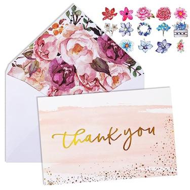 Imagem de Cartas de agradecimento: conjunto de caixa em ouro branco e aquarela com envelopes florais elegantes e adesivos para casamento, chá de bebê, chá de panela, negócios, aniversário, funeral, 10 x 15 cm