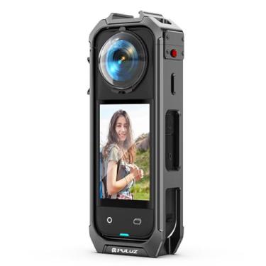 Imagem de PULUZ Gaiola para câmera Insta 360 X5, capa protetora de liga de alumínio com botão de liberação rápida, suportes embutidos para sapate/base magnética e roscas de 1/10.2 cm, para moldura de câmera de