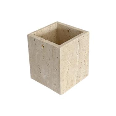 Imagem de StonePlus Recipiente de armazenamento quadrado de pedra de mármore natural, copo vazio para velas/canetas/itens diversos (travertino bege)