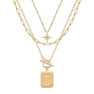 Imagem de Paxuan Colar feminino com inicial personalizada de 3 camadas de ouro delicado - Colar com pingente de letra em camadas de ouro 18K ajustável, corrente de clipe de papel, gargantilha, joias, presentes