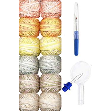 Imagem de Valdani Linha de bordado, algodão Perle, tamanho 8, coleção leve de 5 cm tingida à mão (PC8-TwoLight) com estripador de costura e enfiador de agulha