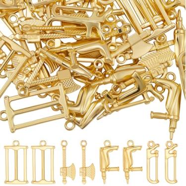 Imagem de Beebeecraft 60 peças, 4 berloques de miniferramentas, banhado a ouro 18 K, liga metálica, machado, construção, ferramenta doméstica, berloque para fazer joias, artesanato, pulseira, colar, suprimentos