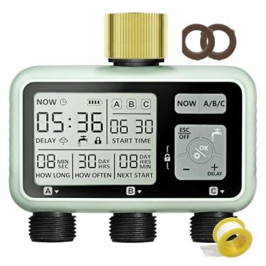 Imagem de Temporizador de irrigação de 3 zonas com entrada de latão, temporizador de irrigação programável para jardim externo com atraso de chuva, sistema de irrigação automático e manual, 3 saídas para jardim