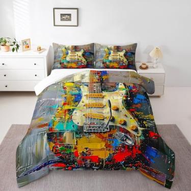 Imagem de Erosebridal Conjunto de cama king size com guitarra elétrica, mosaico colorido, instrumento musical, rock, estético, pintura a óleo, geometria, estúdio, decoração de quarto