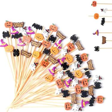 Imagem de 150 palitos de coquetel de Halloween, palitos de bambu de 12 cm para coquetéis de sanduíche, espetos de frutas para tabuleiros de charcutaria, acessórios, suprimentos de festa de Halloween