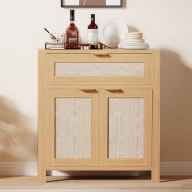 Imagem de Aparador de 86 cm com armazenamento, armário de armazenamento Credenza de madeira com prateleiras ajustáveis, gavetas e portas de vime, console de mesa de buffet, barra de café para entrada de sala de