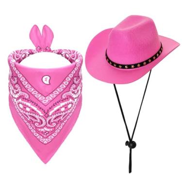 Imagem de Fumwase Fantasia de cowboy para animais de estimação, fantasias de Halloween para cães, gatos, chapéus de caubói com bandana cachecol, acessórios de fantasia para cães e gatos (rosa, grande)