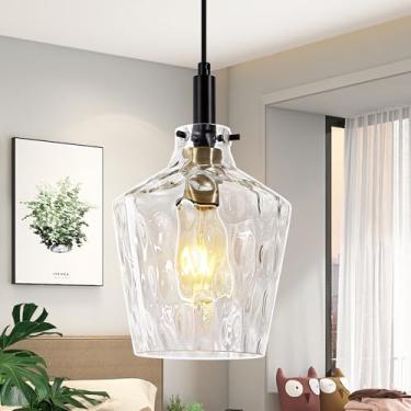Imagem de Vaziden Iluminação pendente moderna de vidro martelado para ilha de cozinha, 1 pacote, luminárias pendentes pretas e douradas, luminária pendente de teto ajustável de altura, 20 cm