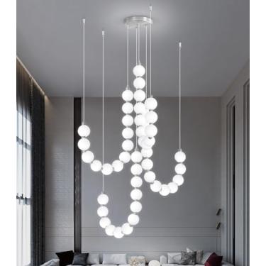 Imagem de Lustres modernos com luz LED regulável, bolas de acrílico, iluminação pendente de teto para sala de estar, sala de jantar, quarto, luzes suspensas ajustáveis, lâmpada prateada de 90 watts