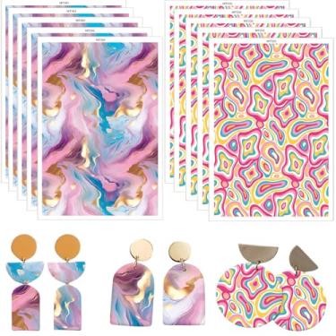 Imagem de 10 peças de papel de transferência de argila para brincos de joias, 2 tipos de papel de transferência de argila de polímero em forma de mármore líquido, folhas de decalque de água para brincos de