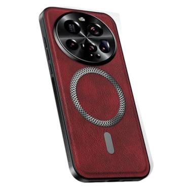 Imagem de HAOMRIYL Capa magnética para Xiaomi 15 Ultra/15 Pro/15, capa de telefone de couro retrô minimalista fina com proteção total contra arranhões, vermelha, 15