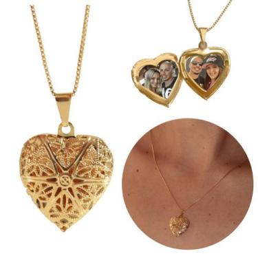 Imagem de Colar com foto relicário coração telado banhado a ouro 60cm - Morganit