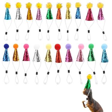 Imagem de 20 Mini Chapéus Festa para Bichinhos de Pelúcia, Brinquedos Dinossauro Cães Gatos Pequenos Cones de Glitter Chapéus Festa com Pompons para Topos Bolo Aniversário Acessórios (Coloridos)