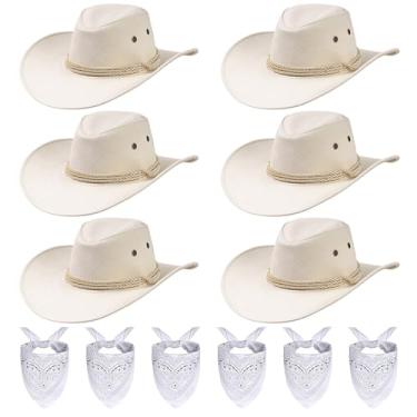 Imagem de Conjunto de 12 peças de chapéu de cowboy e bandana vintage, conjunto de fantasia de cowboy unissex com lenço bandana para mulheres e homens, acessórios de festa, Branco creme, tamanho �nico