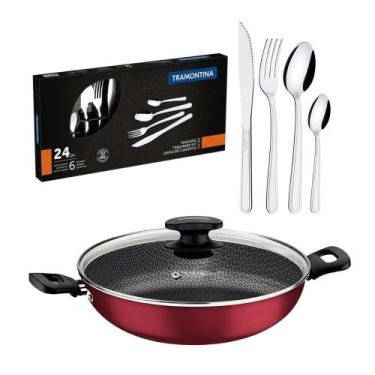 Imagem de KIT - Panela Wok Alumínio 28Cm Loreto Vermelho + 1 Faqueiro Inox 24pç 