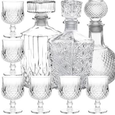 Imagem de Jogo 3 Frascos Vidro Licoreira + 6 Mini Cálices Cristal Lapidada Whisky Licor Decoração