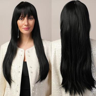 Imagem de Stylophyx Perucas Pretas Longas E Retas Com Franja. Os Fios De Cabelo São Resistentes Ao Calor, Feitos Fibra Sintética. Adequados Para Uso Diário, Festas, Reuniões Dramatizações. 31 Polegadas.