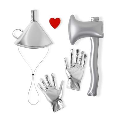 Imagem de WooHand Acessórios de fantasia de lata para homens e mulheres chapéu de funil prata luvas de machado inflável conjunto de broche de coração Halloween cosplay