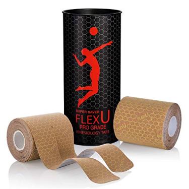 Imagem de FLEXU - Fita Cinesiológica Supreme com um eBook grátis. Pré-cortado, pacote com 2 rolos, bege em forma de Y.