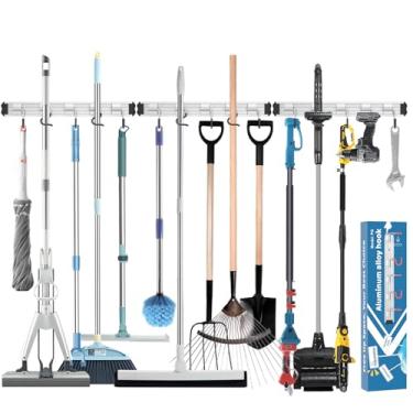 Imagem de Suporte de esfregão e vassoura organizador de ferramentas de jardim, estilo moderno, gancho móvel de liga de alumínio montado na parede, pacote com 3, presente de armazenamento para banheiro, armário